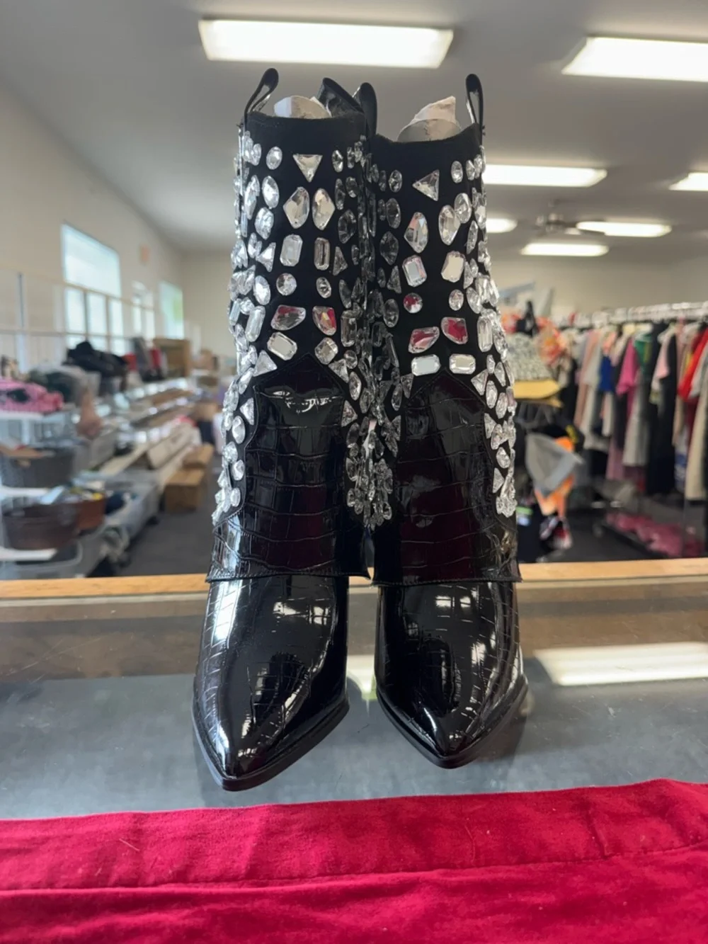 Lauren Lorraine Black Jeweled Patent Croc Mid-Calf Boots - Picture 5 of 7